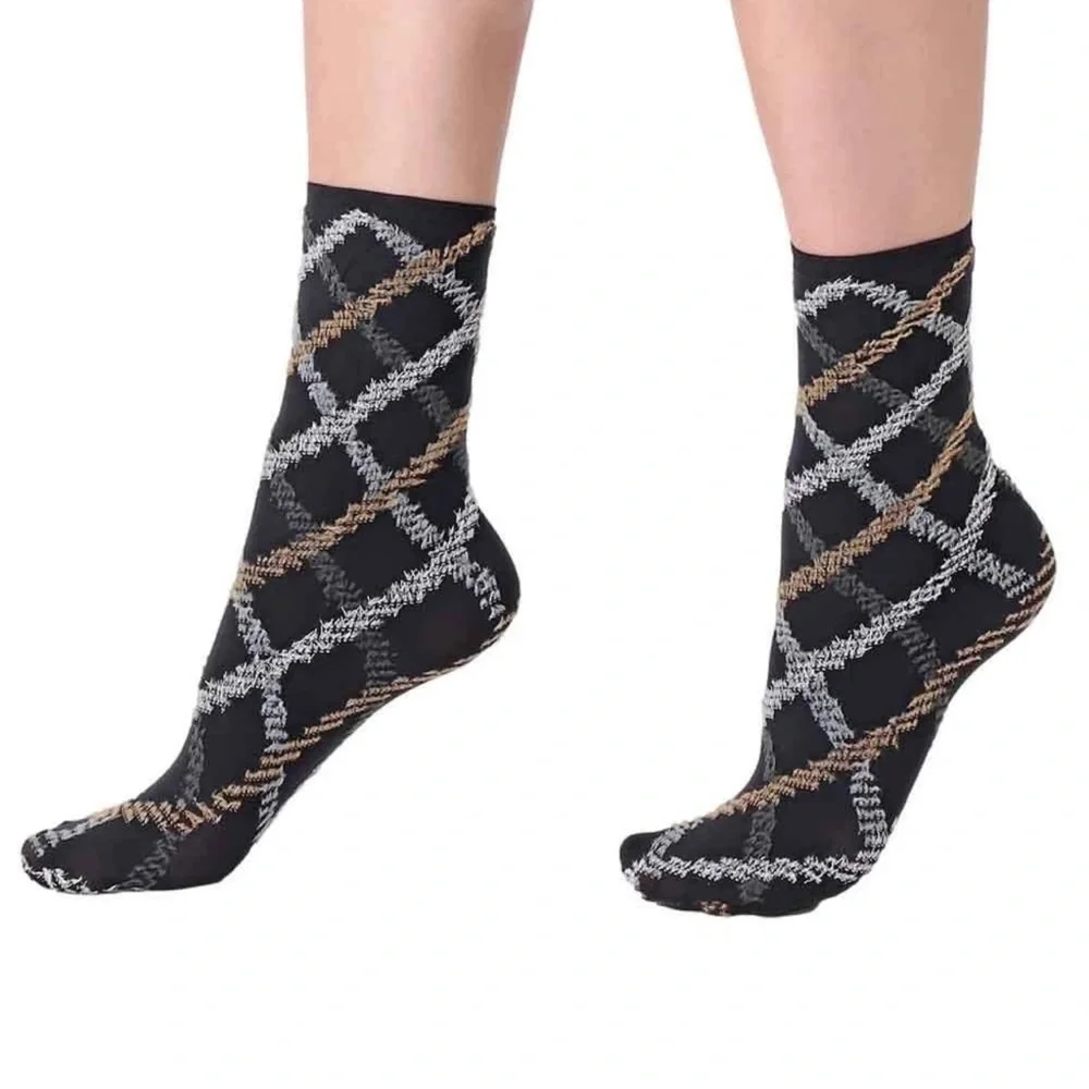 OROBLU OPAQUE FUR TARTAN ANKLE SOCKS BLACK SILVER GOLD NWOT